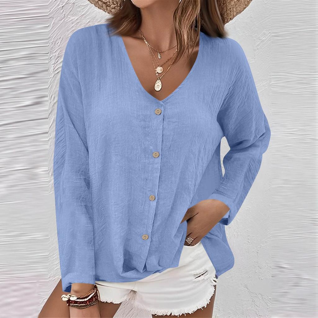 Women's Fashion Casual Solid Color V-Neck Live Button Long Sleeve T-Shirt Top