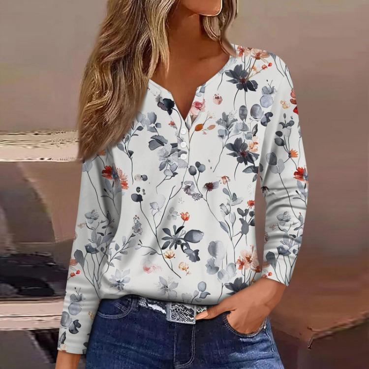 

Женская футболка с цветочным принтом, V-образным вырезом, длинным рукавом, обычный топ, базовая футболка, повседневная, для выходных, модная, на пуговицах S белый