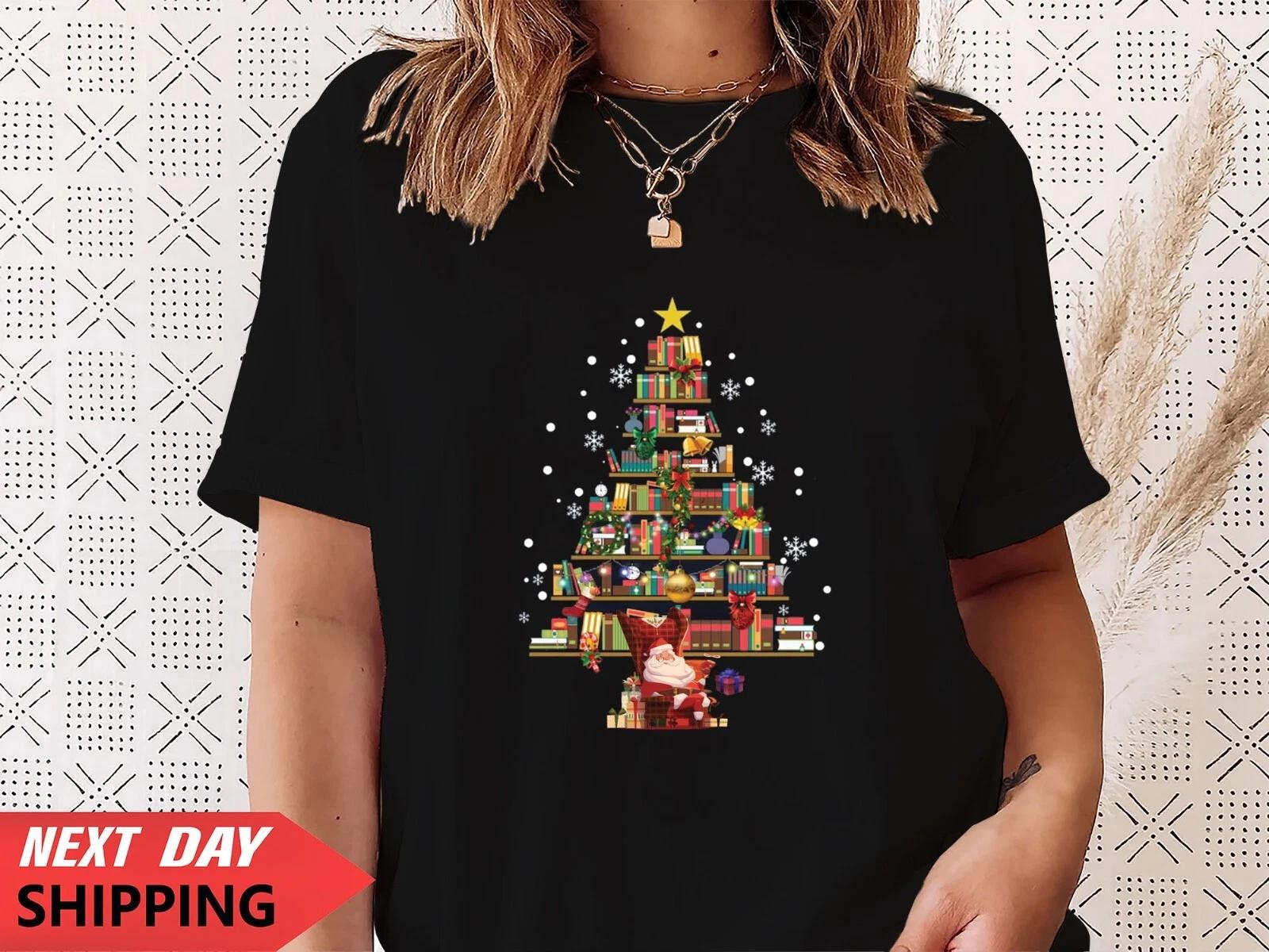Christmas T-Shirt Novelty Funny Santa Reindeer Xmas Gift Tshirt Top, Bookshelf 4XL