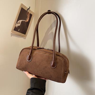 Retro Faux Wildleder Reißverschluss Handtasche Frauen Wildleder Schulter Tasche Volltonfarbe Einfache Pendler Unterarm Tasche