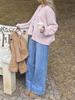 Women's Light Pink Round Neck Knit Cardigan - Autumn/Winter Loose Fit, Drop Shoulder, Long Sleeve, Short Versatile Sweater Coat