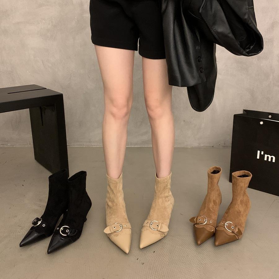French Kitten Heel Pointed Toe Skinny Short Boots Women's Shoes Retro Temperament High Heel Spring and Autumn Single Boots