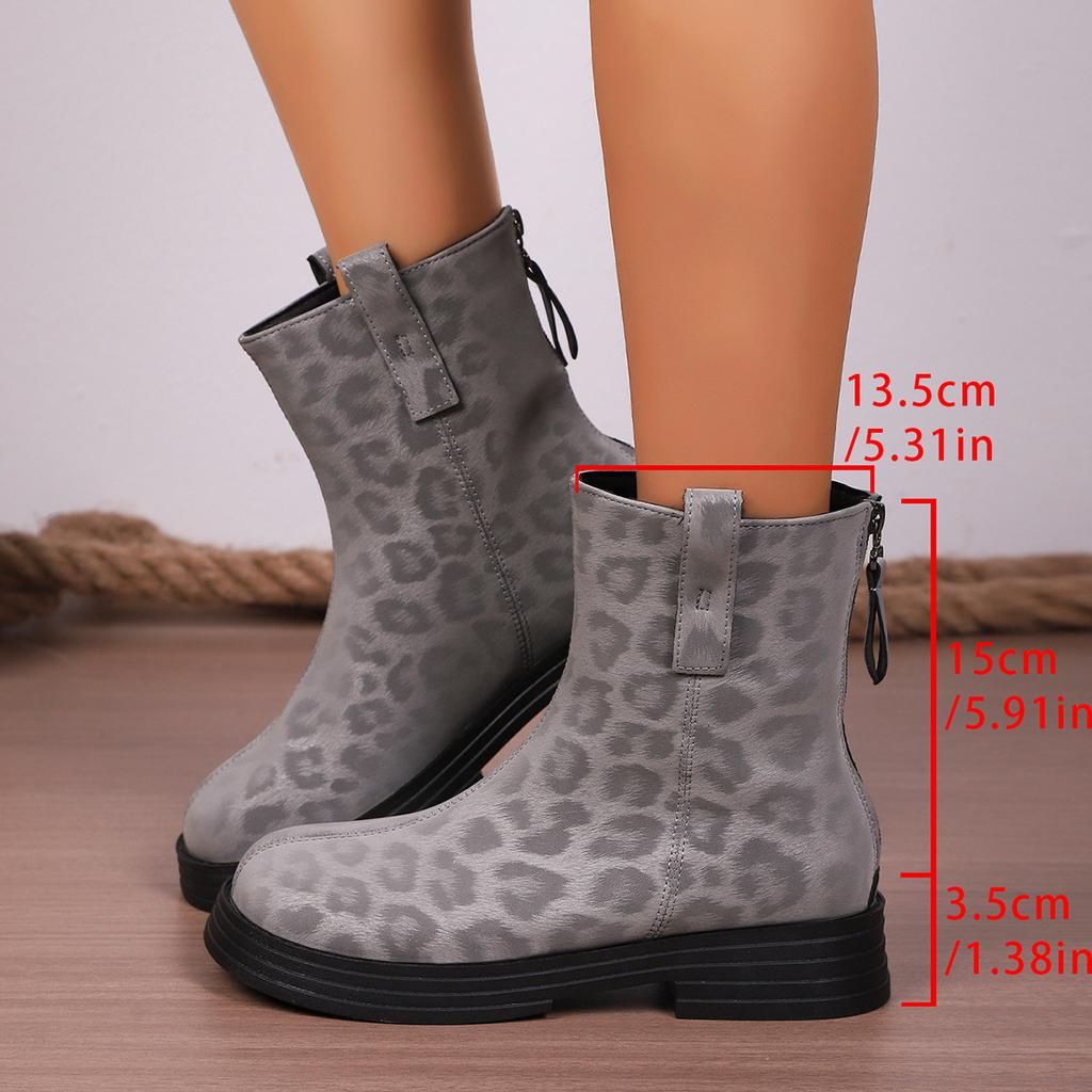 Fashion Women Round Toe Short Boots Autumn Winter Retro Leopard Women's New Size 36-42 Back Zip Ankle Booties Botas Para Mujer Fashion