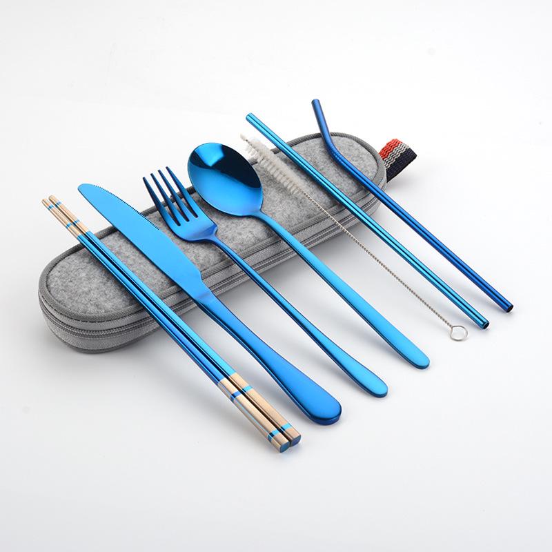 Cross-border Stainless Steel Travel Cutlery Set: Knife, Fork, Spoon, Straw, Chopsticks, and Portable Bag.
