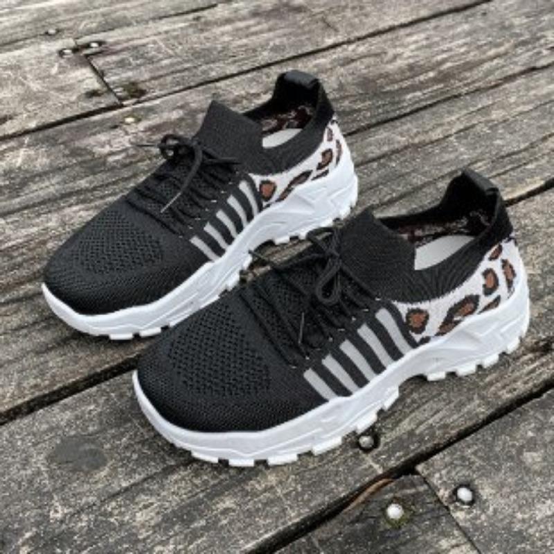 Large Size Fly-woven Sneakers Spring and Summer New Round Head Muffin Sole Leopard Print Breathable Single Shoes