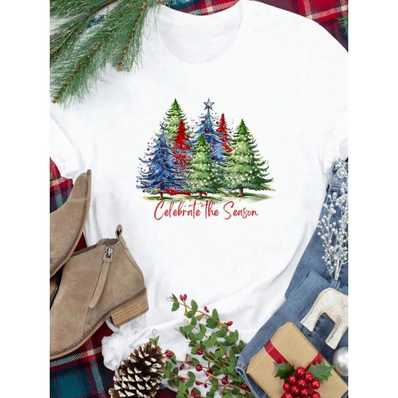 (European Size) New Year Holiday Lovely Trend 90s Tee Merry Christmas Top Festival Casual Women Print Lady Short Sleeve Fashion Graphic T-shirts