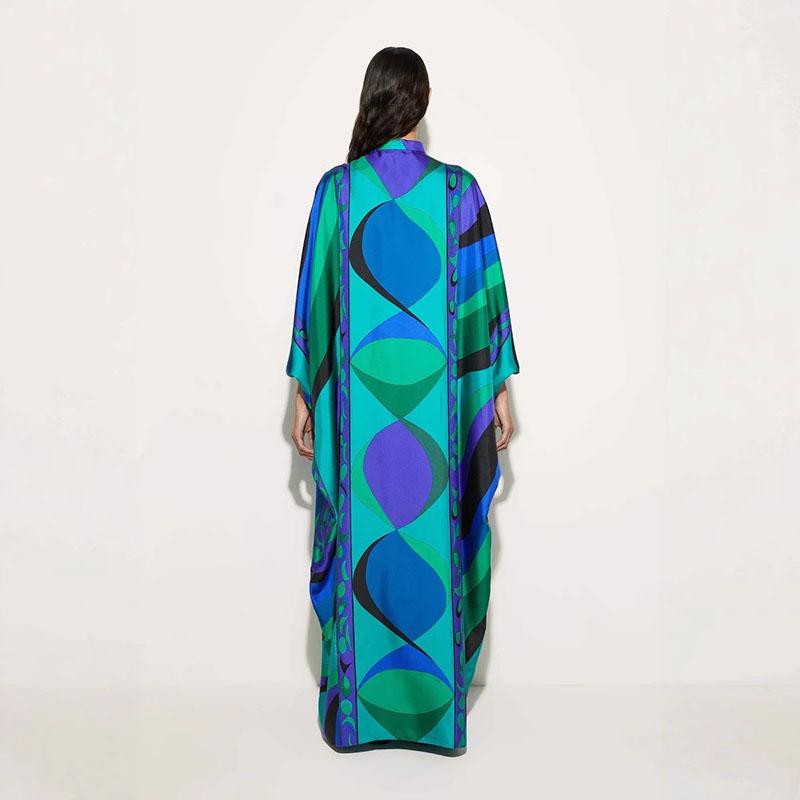 Pattern Printed Party Dress Retro Seven Quarter Sleeve Middle Eastern Dress Ladies O-neck Lace Up Loose Robe Dress