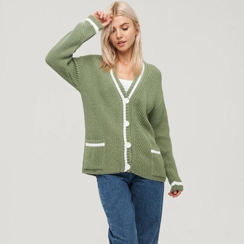 women's Knitted cardigan sweater autumn winter versatile V-neck pocket color matching knitted long-sleeved sweaters jacket women