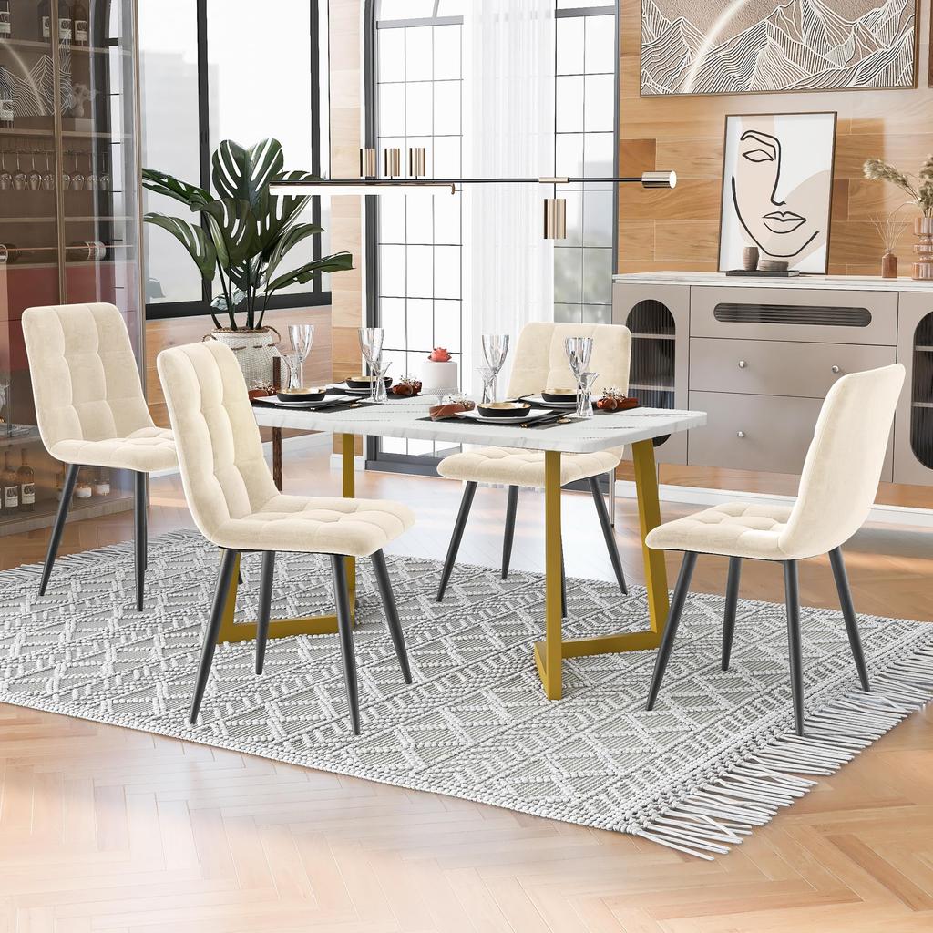 Dining Group: Rectangular Dining Table Marble Pattern + 4 Modern Upholstered Chairs with Backrest, Metal Frame, Velvet, Black & Grey