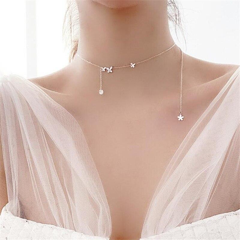 Fairy Style Mode 925 Sterling Silber Schmuck Halsband Schmetterling Blinkende Kristall Blume Schlüsselbein Kette Halsketten XL118