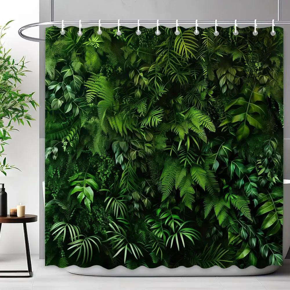 Walls Filled With Green Plant Leaves Shower Curtains Tropical Plants Natural landscape Polyester Shower Curtains Bathroom Decor