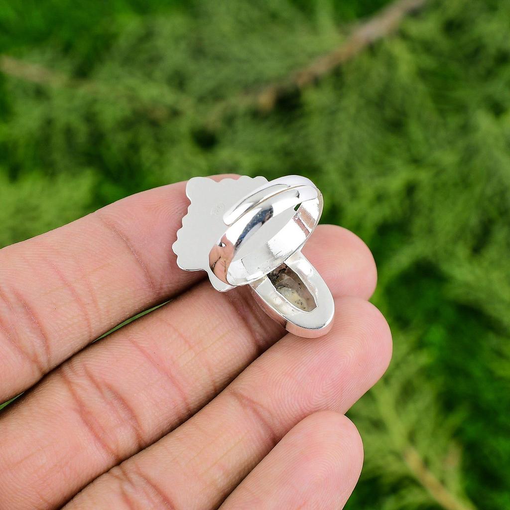 Natural Plume Agate Elegant Anniversary Bezel Statement Ring Jewelry 925 Silver