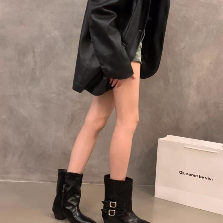 Pointed High-heeled Brown Small Short Boots Women's Shoes 2025 New Spring and Autumn Single Boots Retro Belt Buckle Medium Tube Pants Tube Boots