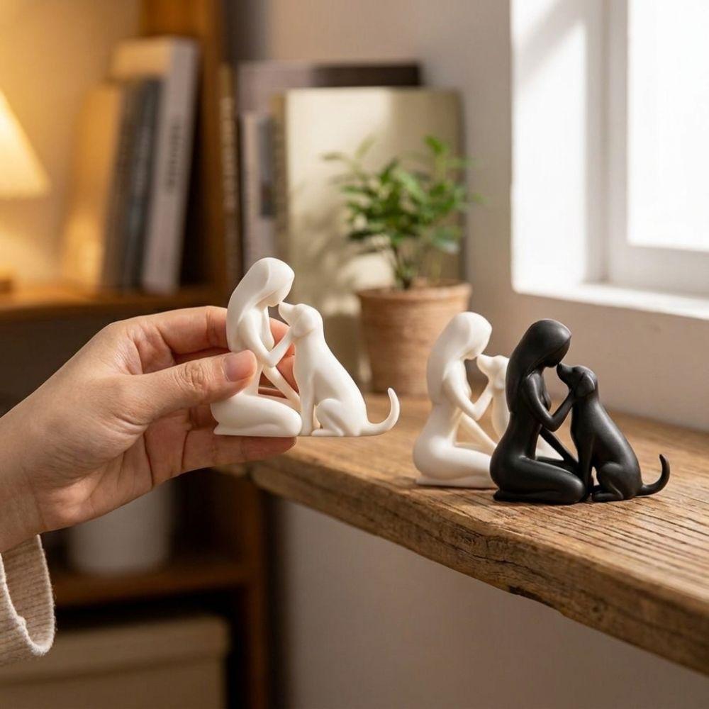 Minimalist Woman and Dog Friendship Sculpture 3D Printed Desktop Dog Statue  Living Room