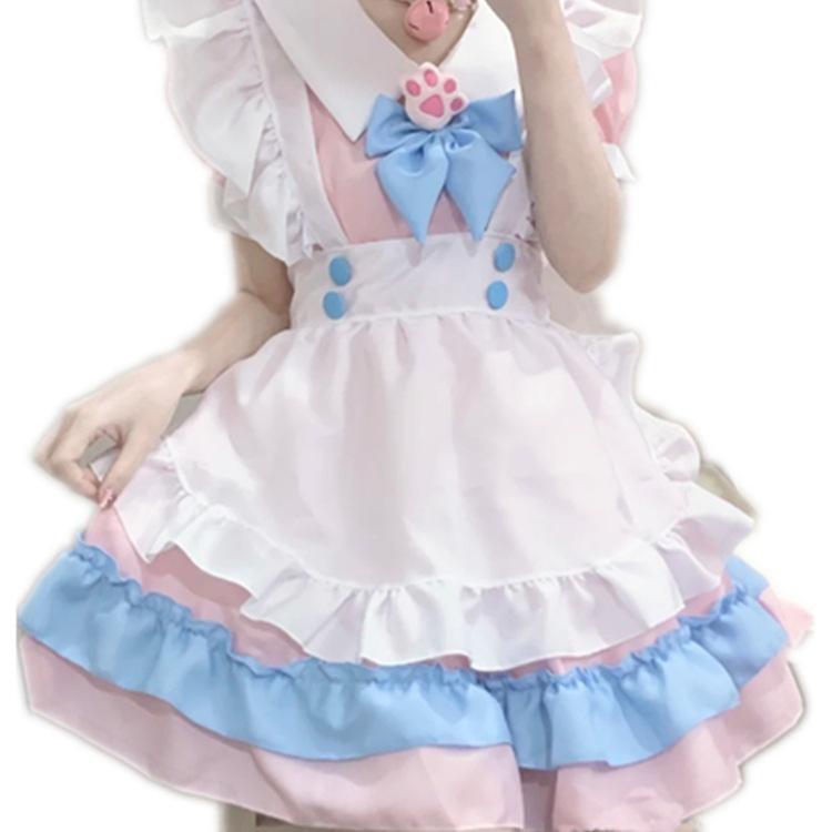 S-4XL large size maid dress, super cute big bow Lolita dress, women's boss pink and blue cute dress.