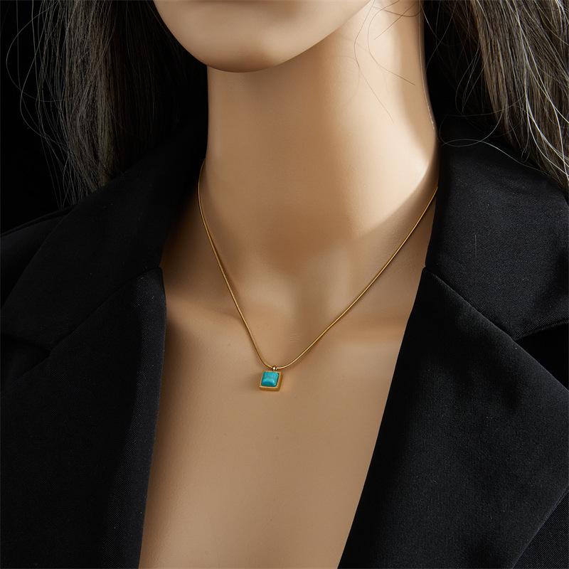 Gold Plated Herringbone Chain Square Square Turquoise Pendant Necklace