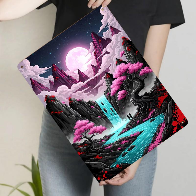 

Moonlit Pink Cherry Blossom Waterfall Mountain Landscape Metal Iron Wall Art Home Decor Painting 20x30cm（7.8x11.8inch）