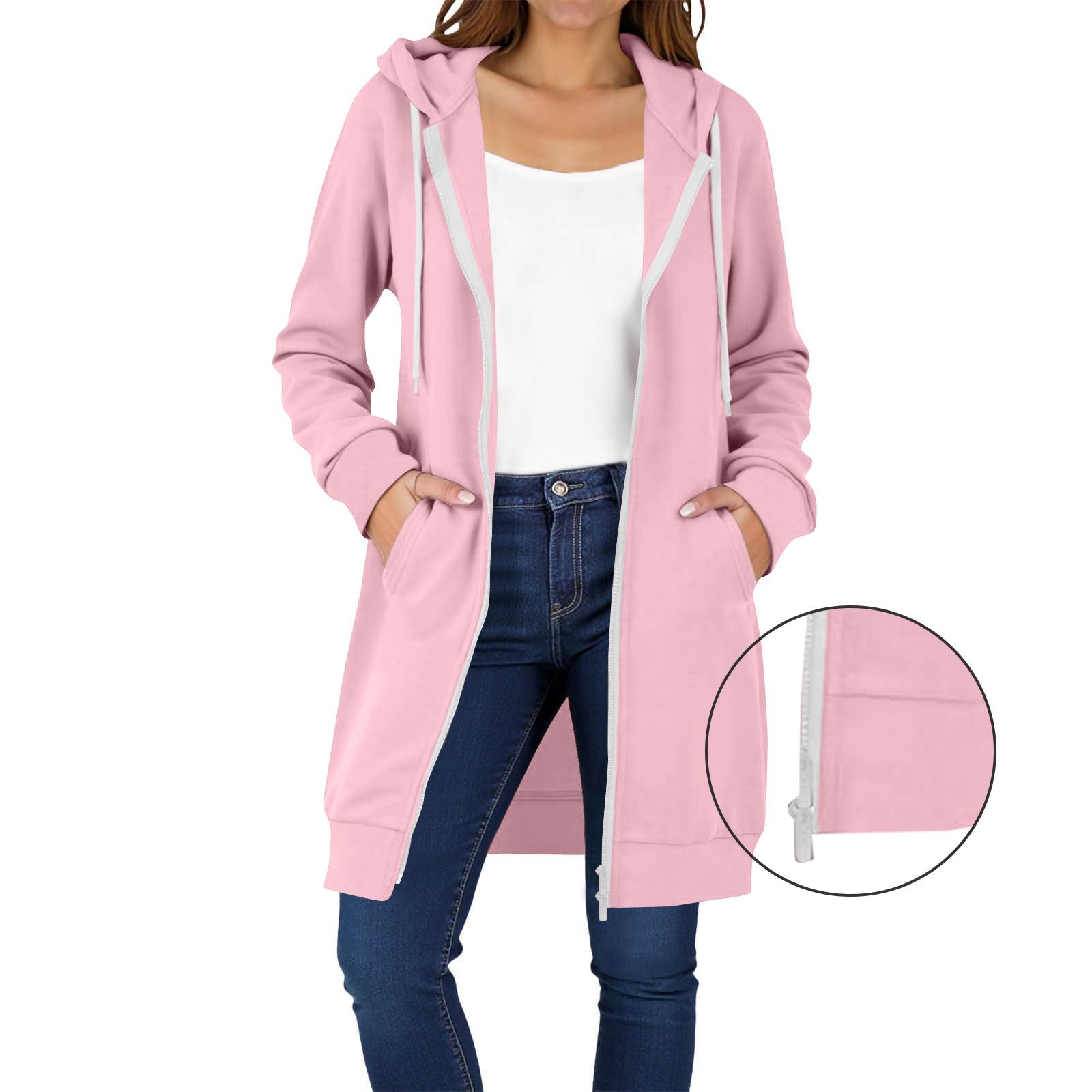 

Женские толстовки на молнии, с длинным рукавом, удлиненные туники, свитшоты, оверсайз, флисовая, повседневная осенняя куртка-пальто с карманом XL розовый