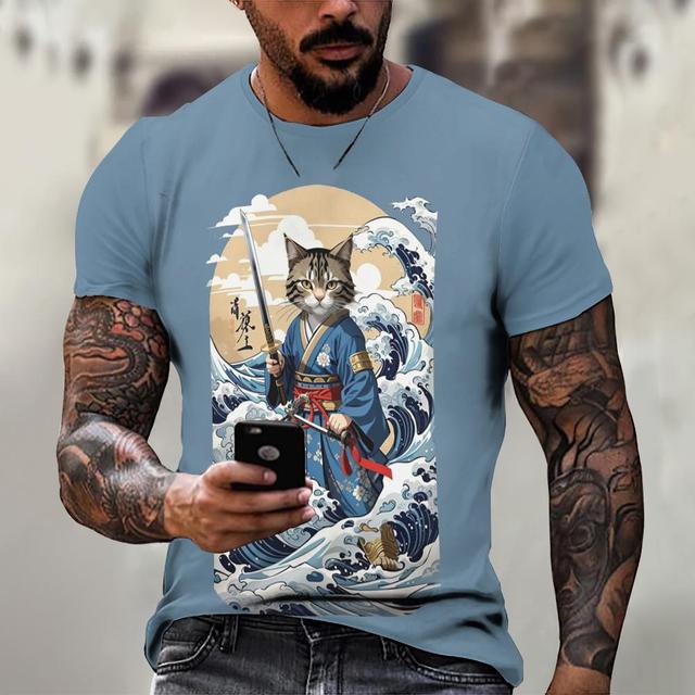 Animal T-Shirts For Men Summer Short Sleeve Tee Japanese Samurai Pattern Print Oversized Clothing Fashion Casual Streetwear