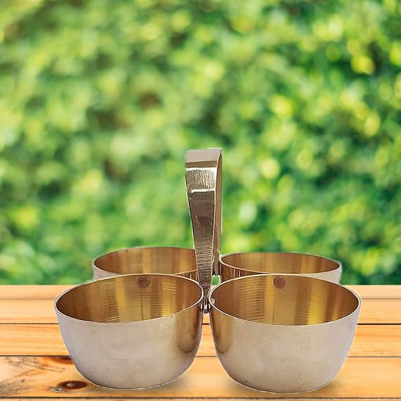 RSINC Brass Metal Puja Roli Chawal |Elaichi Mishri | Chopda for Mandir | Chowmukh Haldi Kumkum Holder 4 Bowl Stand Holder Patra- Gold Brass Chomukha