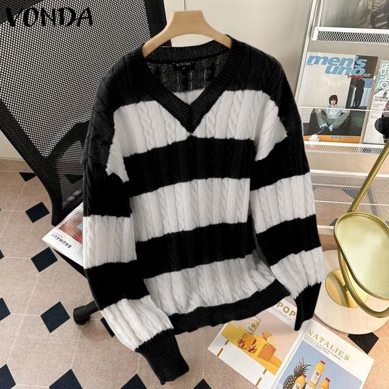 

VONDA Autumn Winter Women V-Neck Long Sleeve Striped Knitted Sweaters Pullovers M чёрный