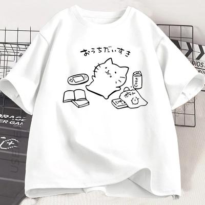 T-shirt voor dames in Japanse stijl met print van kat zonder plan, grappig T-shirt met korte mouwen voor de zomer, losvallend, kawaii, voor kattenliefhebbers