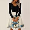 Women's Casual Fashion V-neck Long Sleeved Retro Christmas Print Retro Dress