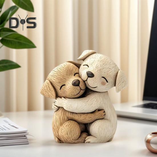 Hugging Dogs Figurine Handmade Resin Dogs Statue Tabletop Mini Animal Sculpture for Home Desk Bookshelf Decoration