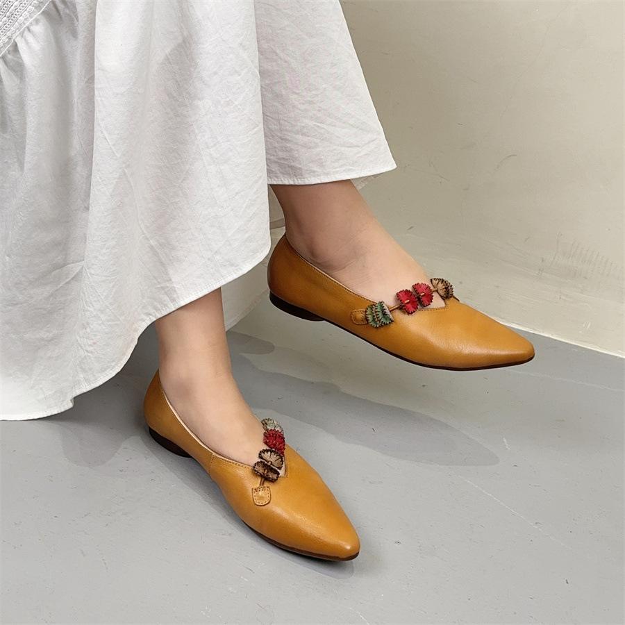 Johnature Flower Retro Pointed Toe Shallow Flat Shoes Ethnic Style Genuine Leather Women's Shoes