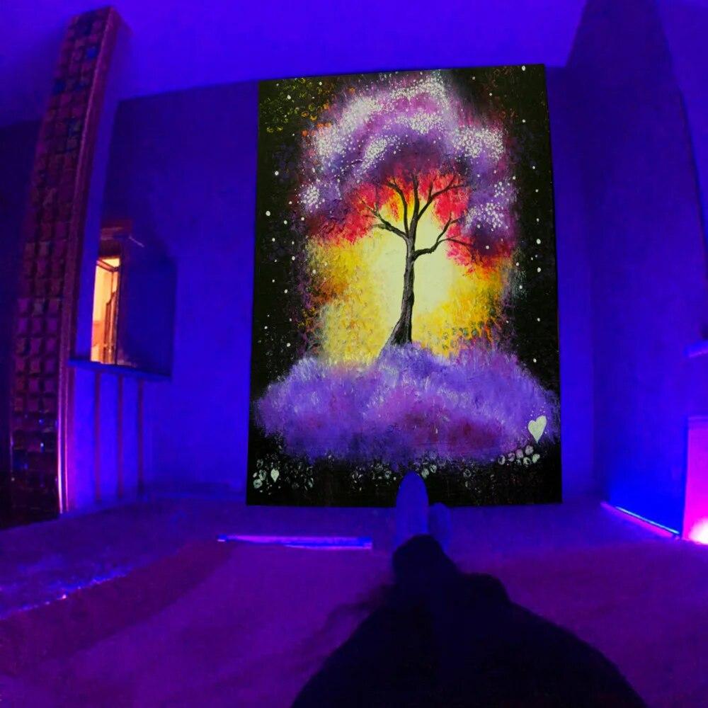 Mysterious Universe Starry Space Psychedelic Fluorescent Tapestry Wall Hanging  Trees and Stars Bedroom