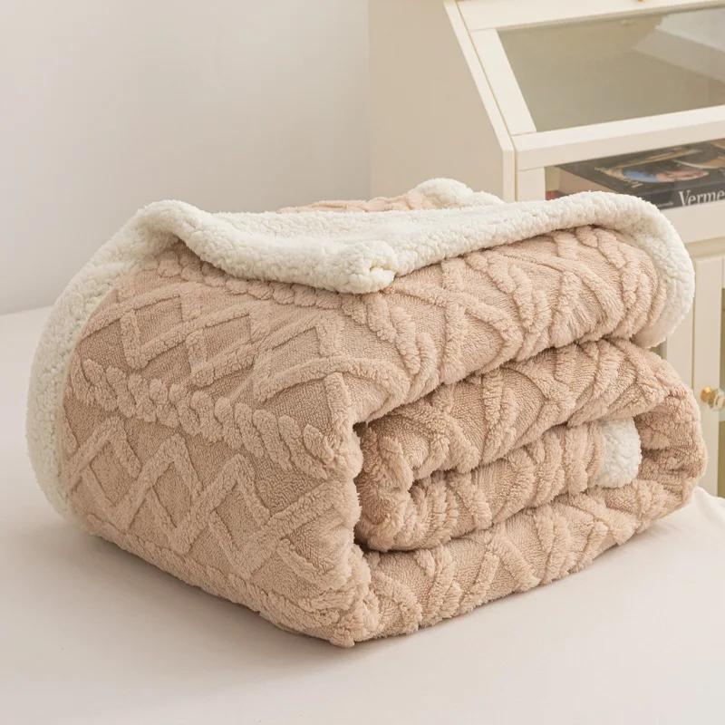Jacquard Flannel Wool Nap Sofa Blanket Warm Breathable Sofa Blanket for Office Home Travel Soft Warm Blanket with Heat Retention