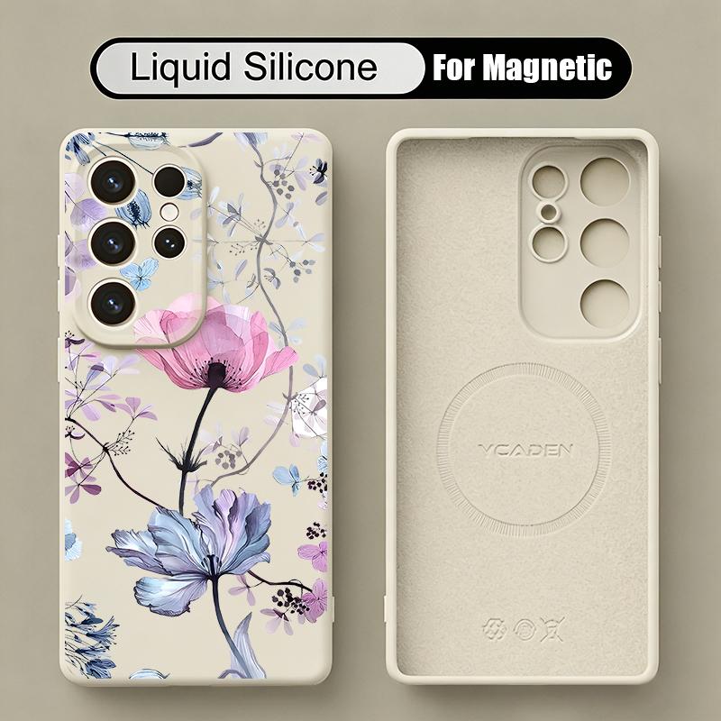 Cartoon Daisies Flowers Liquid Silicone Case For Samsung S26 Ultra S25 S24 Plus S23 S22 Ultra Magnetic For Magsafe Soft Cover