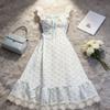 Spring Sweet and Thin Flying Sleeves Long Dress Trendy Waist Floral Dress Women's Coffee Break French Square Collar New