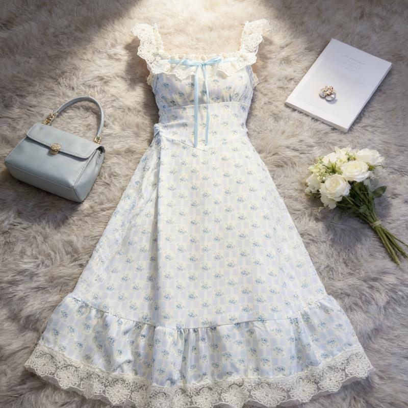 Spring Sweet and Thin Flying Sleeves Long Dress Trendy Waist Floral Dress Women's Coffee Break French Square Collar New