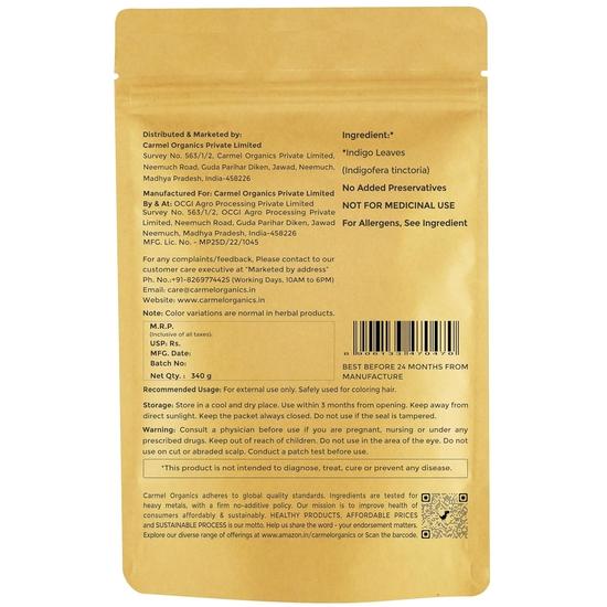 CARMEL ORGANICS Indigo Leaves Powder (340 Grams) – Natural Hair Colorant for Black/Brown Hair, Includes Gloves & Hair Cap, Indigofera Tinctoria