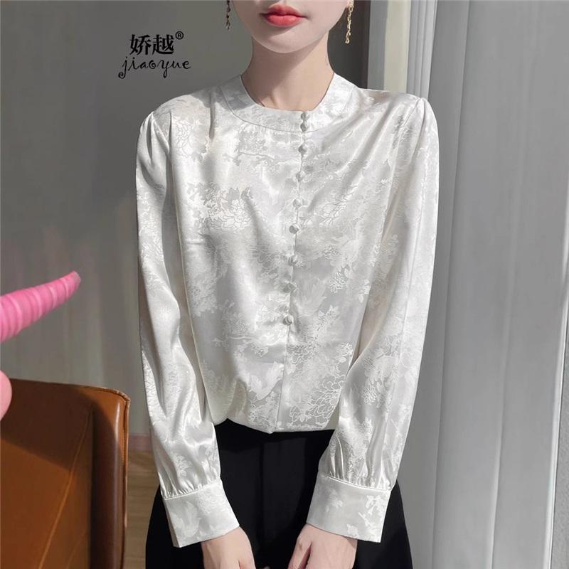 

Блузка из ацетатного жаккарда для женщин, тутовый шелк, весна-лето, в китайском стиле, с круглым вырезом XXXL белый