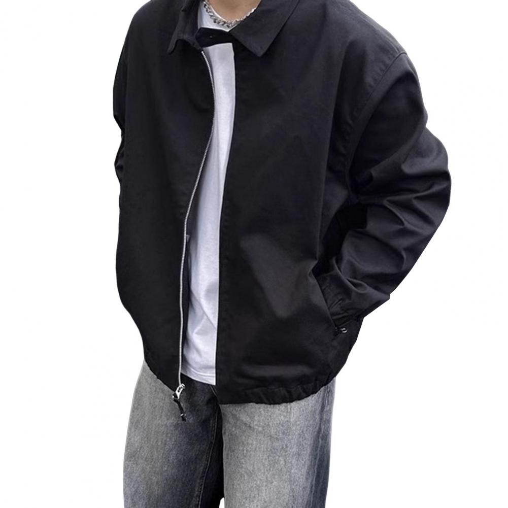 Men Coat Lapel Collar Long Sleeve Solid Color Jacket with Pockets Loose Fit Street Style Casual Outerwear