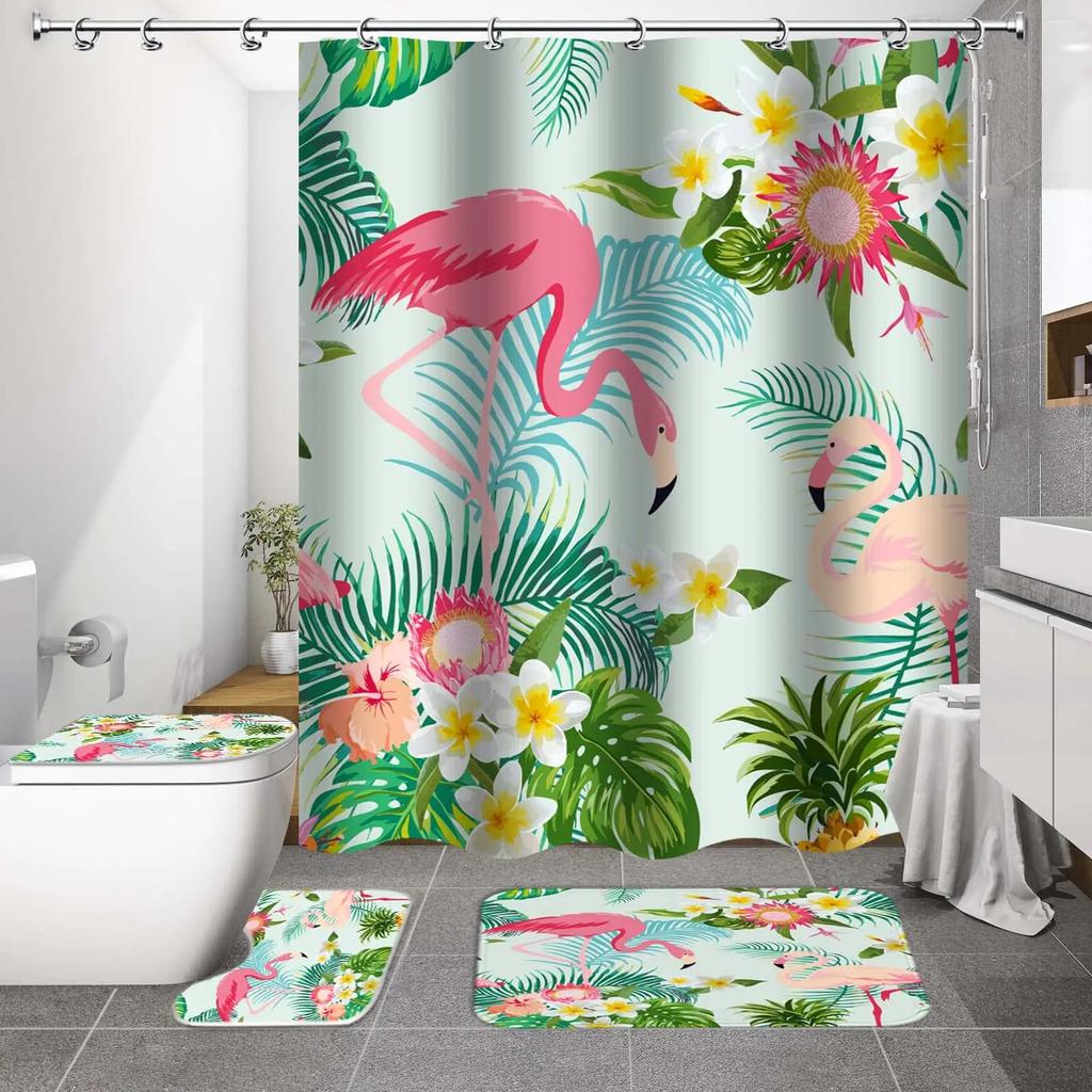 Elegant Leaves Big Flowers Print Shower Curtain With Hooks High Quality Waterproof Bathroom Curtain Bath Mat Set Home Decoration