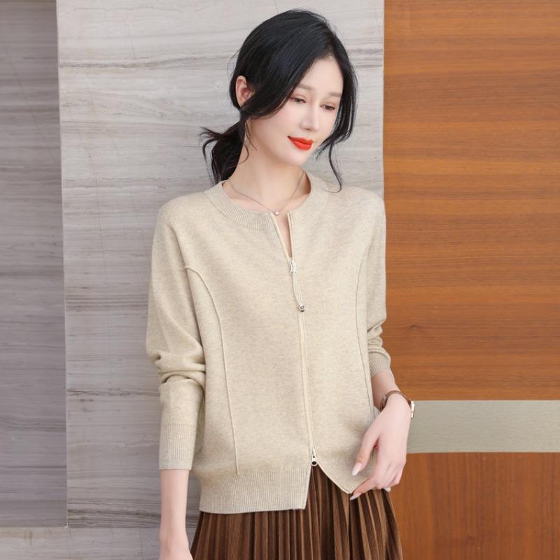 Spring new baseball jersey zipper top loose thin sweater crew neck knitted cardigan women's coat