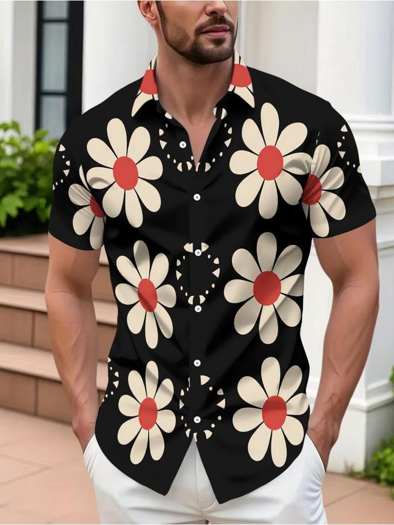 Men'S Casual Shirt, Mixed Colors, Multiple Specifications Available, Polyester Material, Daisy Pattern Short Sleeves, Beach Style, Stylish And