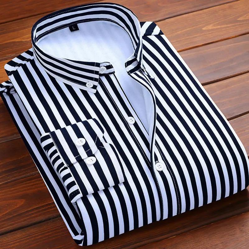 Men's Blue & White Striped Stand Collar Shirt Thickened Casual Long-sleeve Top