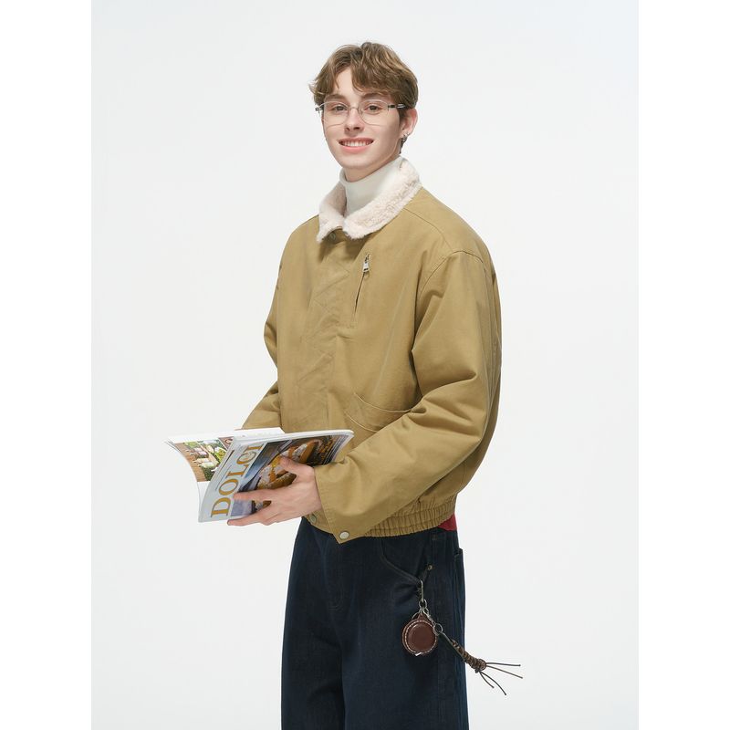 Dream Made American Barn Style Boxy Short Wide Workwear Cotton Jacket for Men, Winter Fleece-Lined and Thickened Cotton Coat