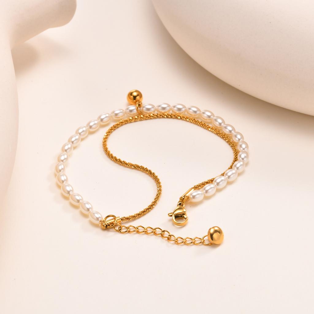 Double Layer Stacked Bracelet Stainless Steel Gypsophila Chain Imitation Pearl Ball Bracelets For Women Gold Color Jewelry