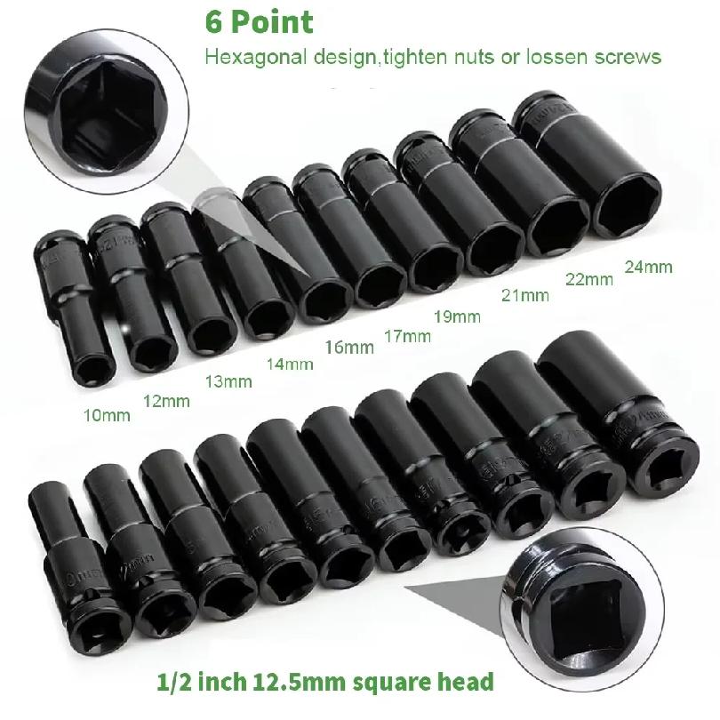 10pcs Impact Socket Set 1/2” Metric Spanner Deep Sockets 10-24mm Pneumatic Wrench Head Tire Removal Tools
