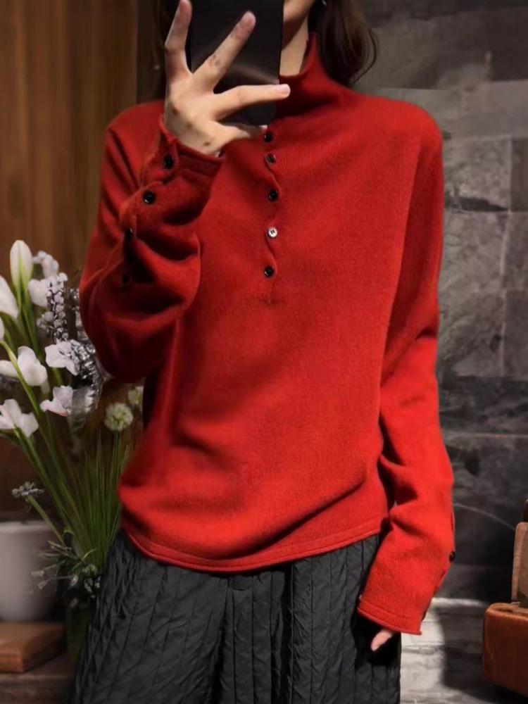 Women's Red Half-High Collar Pure Wool Sweater - 25 Autumn/Winter Collection, Loose Fit Knit Base Layer.