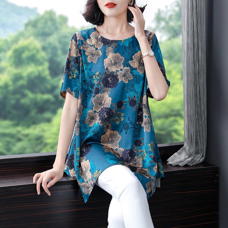 Female Clothing Vintage Floral Printed Midi T-shirt Round Neck Summer Short Sleeve Irregular All-match Loose Folk Pullovers