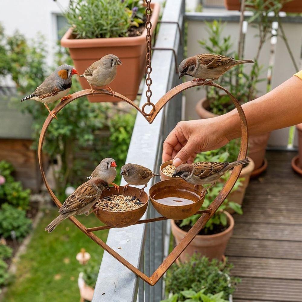 Large Capacity Heart Shape Bird Feeder Double Bowl Bird Water Drinker  Outdoor Use