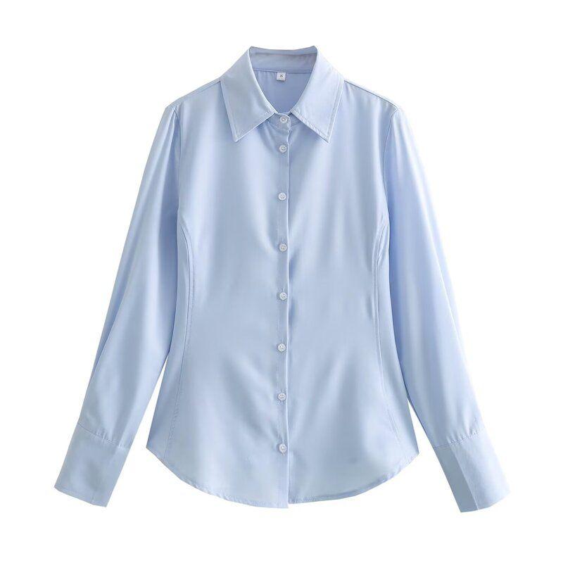 

Spring Long Sleeves Lapel Silm Base Base Poplin Blue M