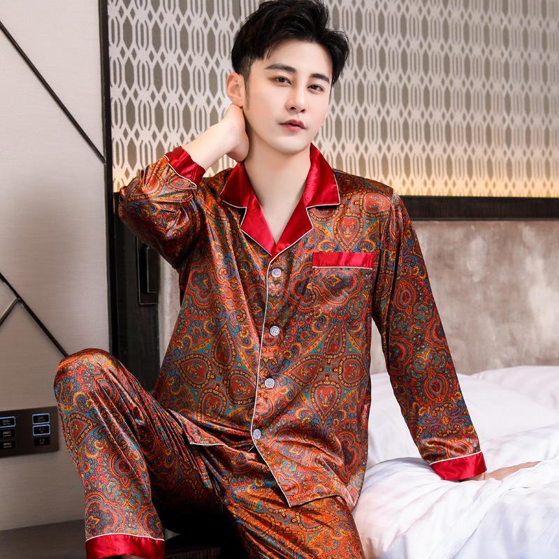 Pajamas Suit Men Summer Ice Silk Short Sleeved Long Pants Thin Male Satin Sleepwear Youth Homewear Set Gentlemen