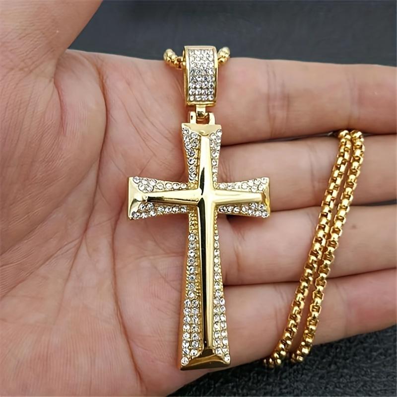 1 Pc Zircon Inlaid Gold Plated Cross Necklace, Hip Hop Style Necklace Suitable for Daily Wear
